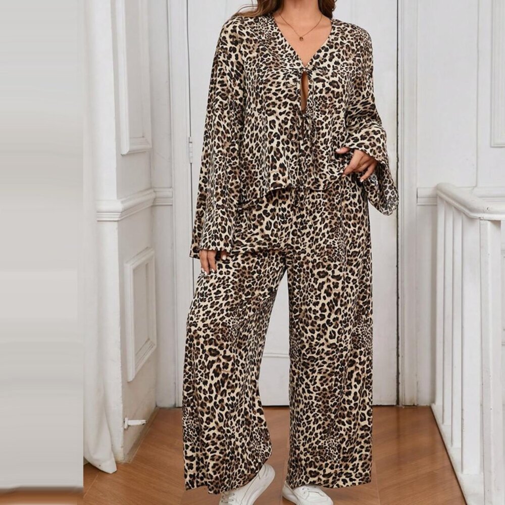 Brown Leopard Print Cropped Top and Wide Leg Pants Set